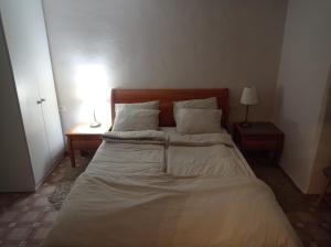 耶路撒冷הפינה היפה ליד החומות的卧室内的一张带白色床单和枕头的床