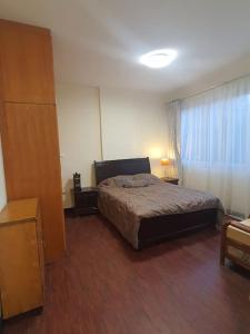 亚的斯亚贝巴BEST7 two bedroom apt in UN Kazanchis area的一间带床的卧室,位于带窗户的房间内