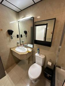 迪拜Stay in the Luxury Marina Crown Tower walk to Barasti Beach的一间带卫生间、水槽和镜子的浴室