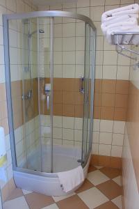 凯尔采凯尔采达尔酒店的浴室里设有玻璃门淋浴