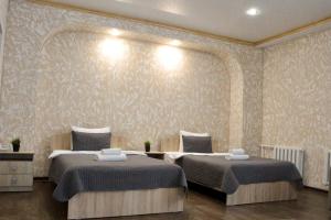 巴甫洛达尔гостиница Павлодар的一间卧室设有两张床和一堵墙