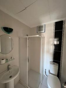 库萨达斯Ramos Hotel Kuşadası的带淋浴、卫生间和盥洗盆的浴室