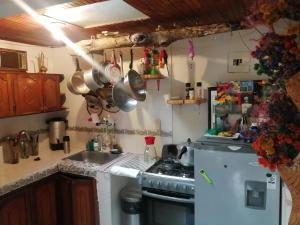 菲兰迪亚Terracota Mirador Filandia的厨房配有炉灶以及带锅碗瓢盆的盥洗池。