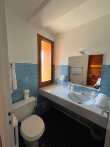 皮伊圣万桑Hôtel Restaurant La Pendine的浴室设有卫生间和带镜子的盥洗盆
