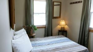 蓝山4 Bedroom Condo at Tyrolean at Blue Mountain的一间卧室设有床、窗户和一盏灯。