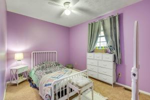 格林维尔Pet-Friendly Greeneville Home with Private Fire Pit!的紫色卧室配有一张床和吊扇