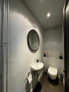 日内瓦Appartement Eaux Vives The Happy Place Lake Side的一间带卫生间、水槽和镜子的浴室