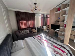 地拉那Experience New Bazaar Apartment 01的一间卧室设有一张床和一间客厅。