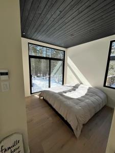 St-Etienne de BoltonAu Haut De La Colline Spa Et Sauna的一间卧室设有一张大床和一个大窗户