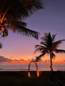 卡拉伊瓦Pousada Quintal Caraíva的日落时分海滩上的棕榈树和拱门