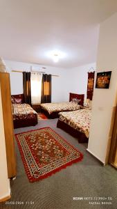 瓦迪穆萨Petra Magic Guest House的酒店客房带两张床和地毯