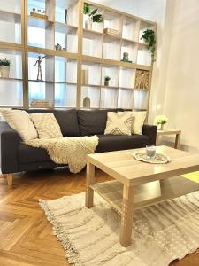 布拉迪斯拉发Apartment Mia - Old Town的客厅配有黑色沙发和咖啡桌