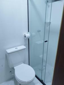 GamaLONDRES HOTEL的一间带卫生间和玻璃淋浴间的浴室