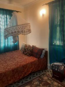 内罗毕Powerground Resort的一间卧室配有蓝色窗帘的床