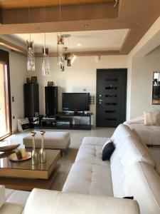 卡兰巴卡Villa Under Meteora的客厅配有白色沙发和电视