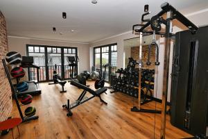 比苏姆Binnendiek Haus 6 Apartment 2的铺有木地板的客房设有带健身器材的健身房