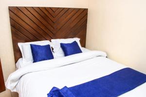 内罗毕AirBnB的一间卧室配有一张带蓝色枕头的大床