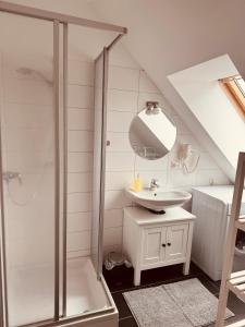 恩斯Enns Sleep的白色的浴室设有水槽和淋浴。