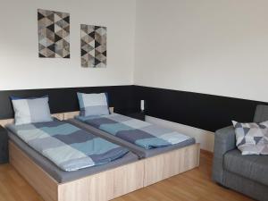 绍尔戈陶尔扬Central Apartman的一间卧室配有一张大床和一张沙发