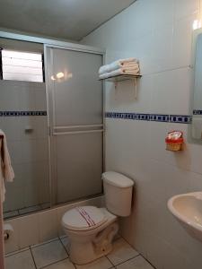 CoporaqueTerraMistica Colca的浴室配有卫生间、淋浴和盥洗盆。