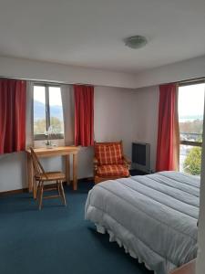 乌斯怀亚TZION B&B的酒店客房设有一张床、一张书桌和窗户。