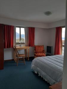 乌斯怀亚TZION B&B的酒店客房设有一张床、一张书桌和窗户。