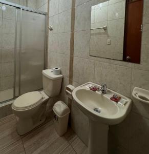 阿亚库乔Illari Wari l - Hotel Sauna的浴室配有卫生间、盥洗盆和淋浴。