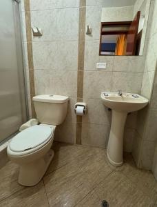 阿亚库乔Illari Wari l - Hotel Sauna的一间带卫生间和水槽的浴室