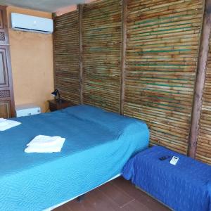 德尔迪阿布罗角Posada Mar Azul con Jacuzzi的一间卧室设有蓝色的床和木墙