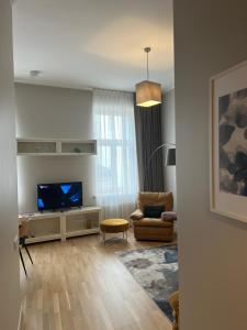 里加Hoffmann Rezidence的客厅配有平面电视和椅子。