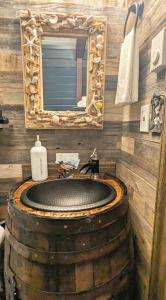 洋滨市Shorebirds Villas的浴室设有桶式水槽和镜子