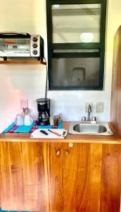 巴卡拉尔Maison Bacalar的厨房柜台设有水槽和微波炉