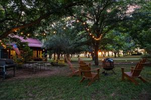 MaxwellBird House Countryside Pecan Farm 14acre San Marcos的公园里一群椅子和烤架,灯光照亮