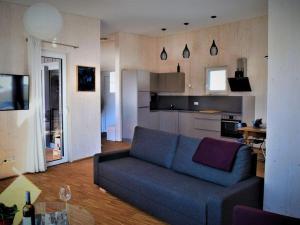 米尔施塔特House Lammersdorf的一间带蓝色沙发的客厅和一间厨房