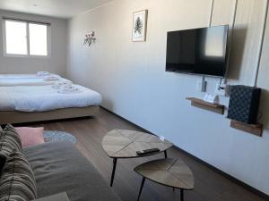 小樽RJ HOTELS OTARU的一间配备有沙发及电视的酒店客房