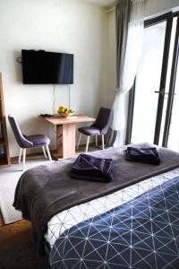 贝尔格莱德Belgrade Waterfront Comfortable Apartment的一间卧室配有一张床、两把椅子和一张桌子