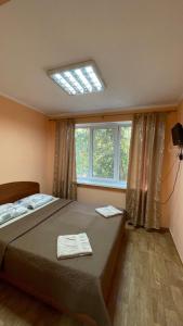 OrlovshchinaБаза відпочинку «Павлоградець»的一间卧室设有一张大床和一个窗户。