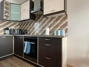 考纳斯Vaiva’s holiday home的厨房配有不锈钢用具和棕色橱柜