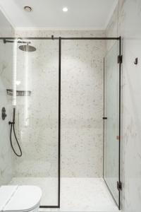 奥拉迪亚阿斯托瑞上豪大酒店的带卫生间的浴室内的玻璃淋浴间