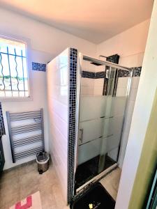 罗尼亚克Agréable Villa 8pers avec vue mer LOGEMENT ENTIER的浴室里设有玻璃门淋浴