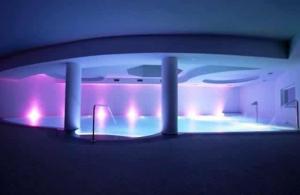 PalazzagoBes Hotel Terme di Palazzago的一间设有紫色灯的大型游泳池的客房