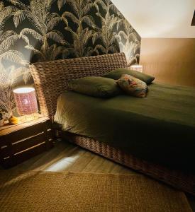 波城Chambre bohème chez Rachel的卧室内的一张带两个枕头的床