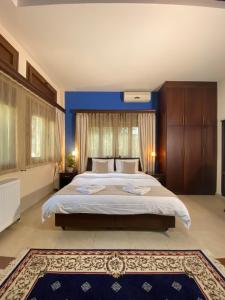 埃拉蒂特里卡隆Ευήλιον Σουίτες的一间卧室设有一张大床和蓝色的墙壁