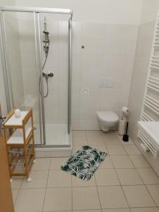 PackGästehaus Hebalm, Family & Friends auf 900 m2 Wohnfläche erleben, Alleinnutzung möglich的瓷砖地板上设有带淋浴和卫生间的浴室