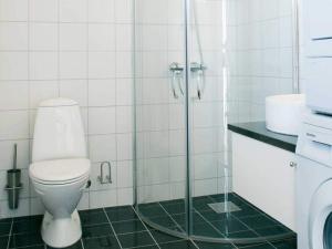 阿灵厄6 person holiday home in Allinge的带淋浴、卫生间和盥洗盆的浴室