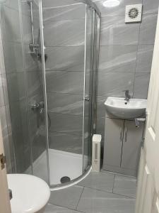伦敦London Holiday Home的带淋浴和盥洗盆的浴室