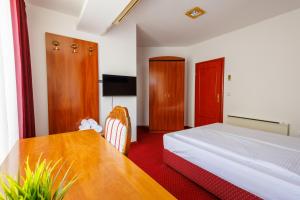 奥西耶克Pansion Strossmayer的酒店客房配有一张床铺和一张桌子。