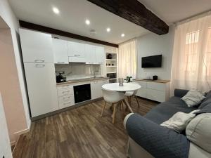 伊夫雷亚Residenza Castellazzo的厨房以及带沙发和桌子的客厅。