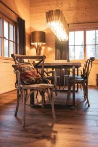 上施陶芬Antons Exklusives Landgut的一间带桌椅和吊灯的用餐室