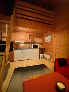 努尔黑姆松Kvamskogen & Hardanger Holliday homes的小木屋内的厨房,配有红色沙发